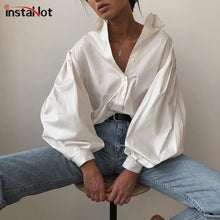 将图片加载到图库查看器,InstaHot Lantern Sleeve Elegant Shirt White Black Sexy Button Vintage Blouse Turn Down Collar Office Ladies Shirt Female Casual