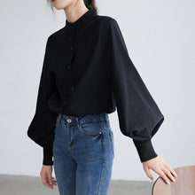 将图片加载到图库查看器,Big Lantern Sleeve Blouse Women Autumn Winter Single Breasted Stand Collar Shirts Office Work Blouse Solid Vintage Blouse Shirts