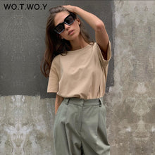 将图片加载到图库查看器,WOTWOY Summer Knitted Basic Solid T-shirt Women Casual Cotton Short Sleeve Tee-Shirts Female Tops Women 2020 New Fashion S-XL
