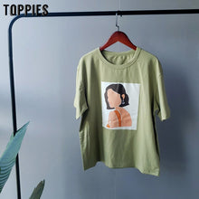 将图片加载到图库查看器,Toppies 2020 summer character t-shirts fashion girls tops short sleeve printing t-shirts Korean women clothes 95% cotton