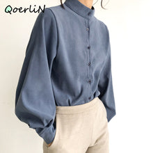将图片加载到图库查看器,Big Lantern Sleeve Blouse Women Autumn Winter Single Breasted Stand Collar Shirts Office Work Blouse Solid Vintage Blouse Shirts
