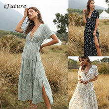将图片加载到图库查看器，2020 Summer Beach Holiday Dress Women Casual Floral Print Elegant  Boho Long Dress Ruffle Short-Sleeve V-neck Sexy Party Robe
