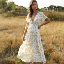 将图片加载到图库查看器，2020 Summer Beach Holiday Dress Women Casual Floral Print Elegant  Boho Long Dress Ruffle Short-Sleeve V-neck Sexy Party Robe
