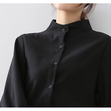 将图片加载到图库查看器，Big Lantern Sleeve Blouse Women Autumn Winter Single Breasted Stand Collar Shirts Office Work Blouse Solid Vintage Blouse Shirts
