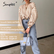 将图片加载到图库查看器，Simplee Women geometric khaki knitted sweater women casual Houndstooth lady pullover sweater female Autumn winter retro jumper
