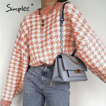将图片加载到图库查看器，Simplee Women geometric khaki knitted sweater women casual Houndstooth lady pullover sweater female Autumn winter retro jumper
