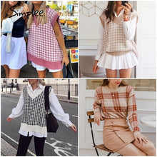 将图片加载到图库查看器，Simplee Women geometric khaki knitted sweater women casual Houndstooth lady pullover sweater female Autumn winter retro jumper
