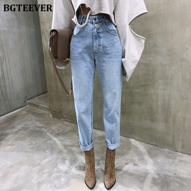 BGTEEVER Vintage High Waist Straight Jeans Pant for Women Streetwear Loose Female Denim Jeans Buttons Zipper Ladies Jeans 2020