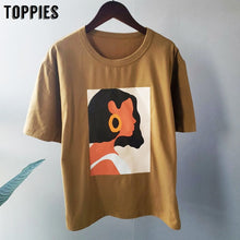 将图片加载到图库查看器，Toppies 2020 summer character t-shirts fashion girls tops short sleeve printing t-shirts Korean women clothes 95% cotton
