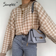 将图片加载到图库查看器，Simplee Women geometric khaki knitted sweater women casual Houndstooth lady pullover sweater female Autumn winter retro jumper
