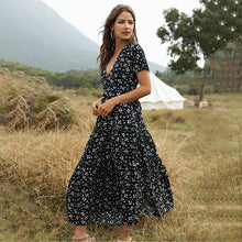 将图片加载到图库查看器，2020 Summer Beach Holiday Dress Women Casual Floral Print Elegant  Boho Long Dress Ruffle Short-Sleeve V-neck Sexy Party Robe
