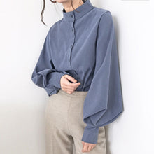 将图片加载到图库查看器，Big Lantern Sleeve Blouse Women Autumn Winter Single Breasted Stand Collar Shirts Office Work Blouse Solid Vintage Blouse Shirts
