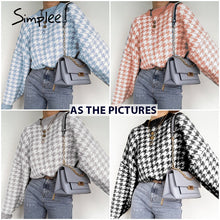 将图片加载到图库查看器，Simplee Women geometric khaki knitted sweater women casual Houndstooth lady pullover sweater female Autumn winter retro jumper
