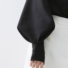 将图片加载到图库查看器，Big Lantern Sleeve Blouse Women Autumn Winter Single Breasted Stand Collar Shirts Office Work Blouse Solid Vintage Blouse Shirts
