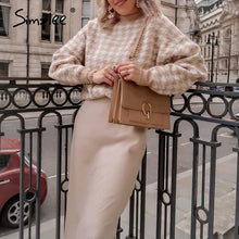 将图片加载到图库查看器，Simplee Women geometric khaki knitted sweater women casual Houndstooth lady pullover sweater female Autumn winter retro jumper
