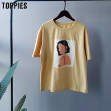 将图片加载到图库查看器，Toppies 2020 summer character t-shirts fashion girls tops short sleeve printing t-shirts Korean women clothes 95% cotton
